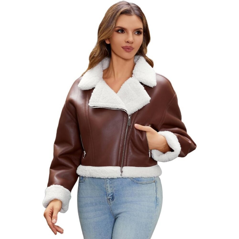 Women's Brown Fur Winter Coat Warm Thick Fur Lined Faux Leather Jacket